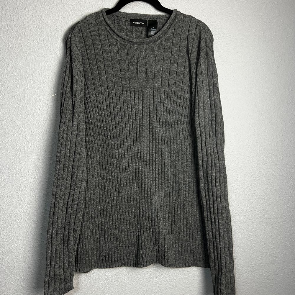 Vtg Claiborne Gray Cotton Ribbed Crewneck Sweater Classic Casual Pullover Size M